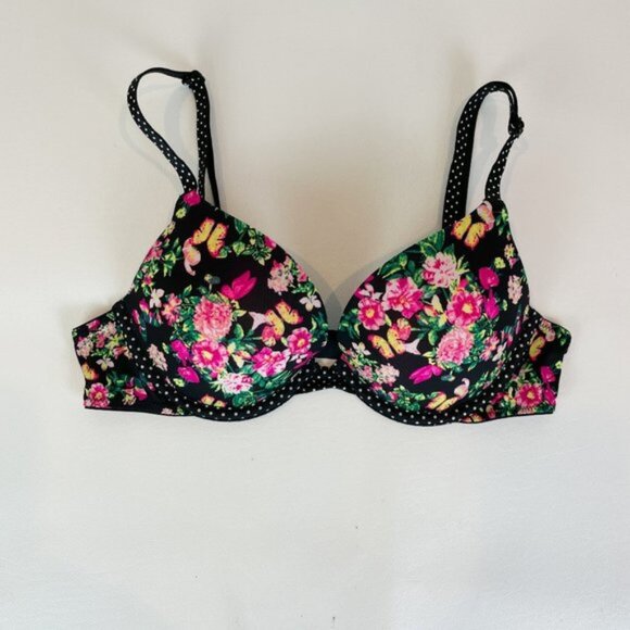 NWOT Victoria's Secret Bra 32B Push-Up Black Pink Floral B1833 - Picture 1 of 7